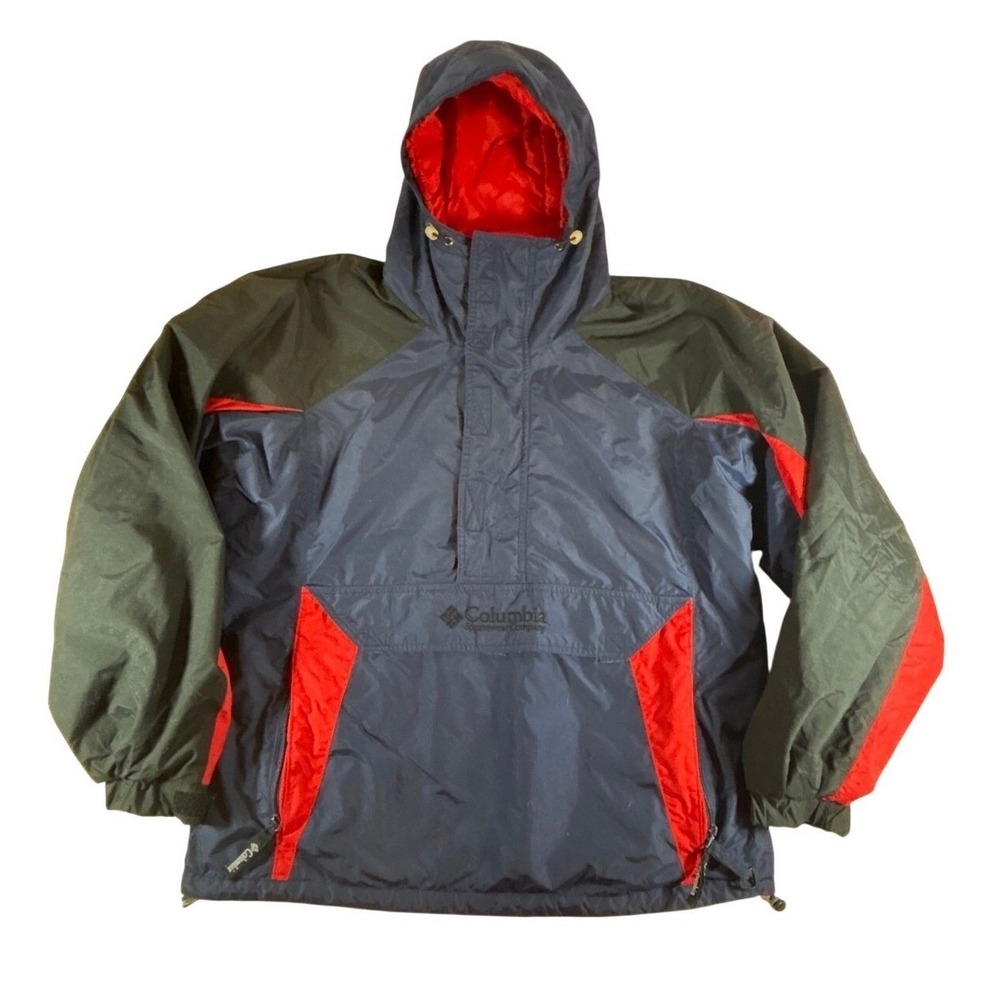 Columbia Mens Anorak Jacket Navy Blue Red Colorblock Hooded‎ Pullover Large